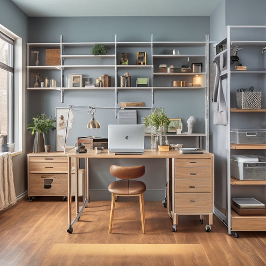A clutter-free home studio with a sleek, silver standing desk, surrounded by three storage solutions: a wooden shelving unit, a rolling cart with drawers, and a compact, wall-mounted cabinet.
