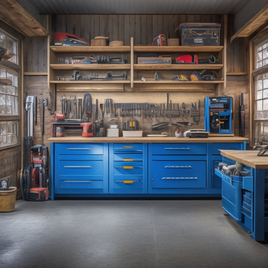 A clutter-free garage with three tool boxes featuring multiple drawers of varying sizes, organized with wrenches, pliers, and screwdrivers, surrounded by a tidy workbench and a few well-placed power tools.