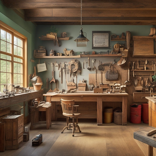 A clutter-free woodworking shop with a large, organized calendar on the wall, surrounded by neatly arranged tools, wood planks, and a half-finished wooden chair, with a subtle clock face in the background.