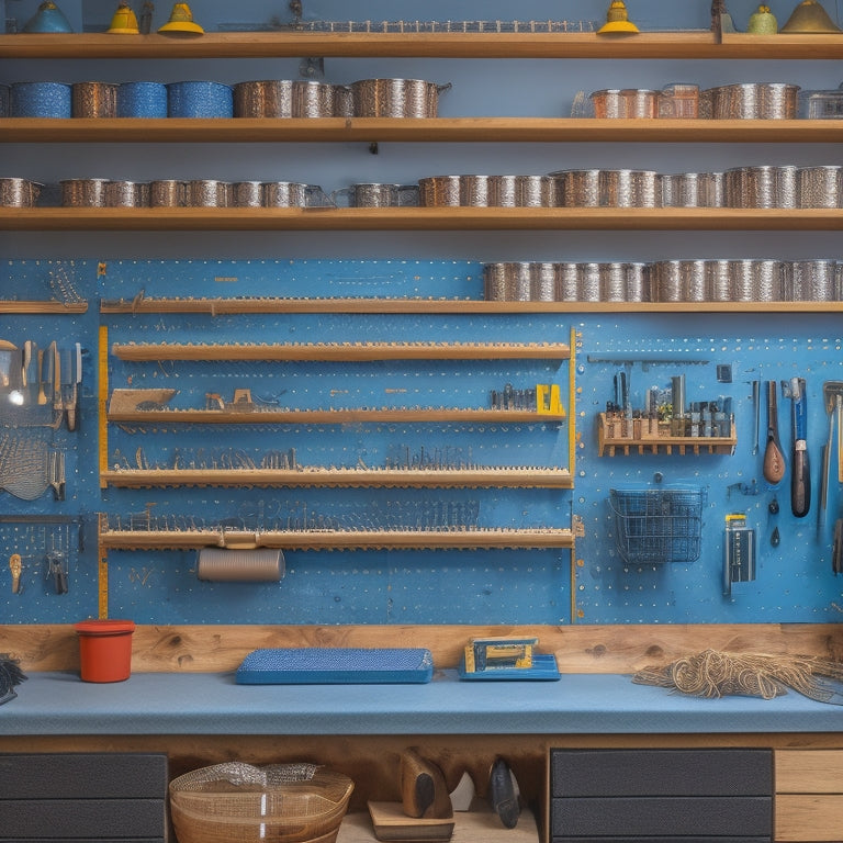 A well-organized workshop with a custom pegboard: a mix of neatly arranged tools, bins, and accessories on a wooden or metal pegboard with hooks, bins, and shelves, illuminated by warm workshop lighting.