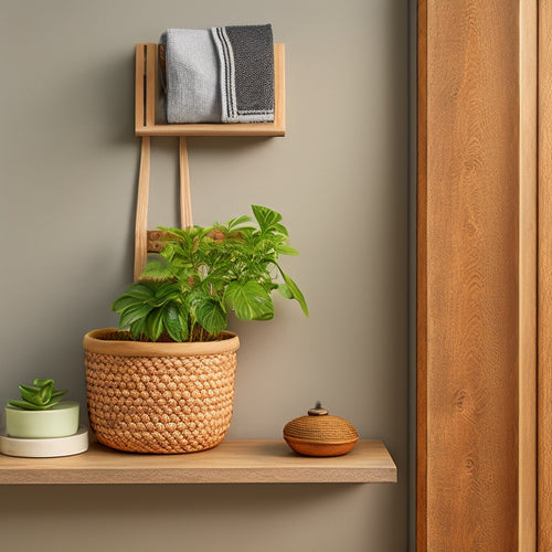 An elegantly designed wall hook with a wooden shelf, holding a few books, a small potted plant, and a woven basket, against a light-gray background with subtle shadows.