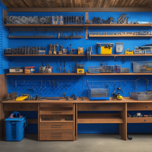 A clutter-free workshop with a pegboard displaying organized tool sets, a rolling cabinet with labeled drawers, and a wall-mounted storage rack holding coiled cords and wire reels.