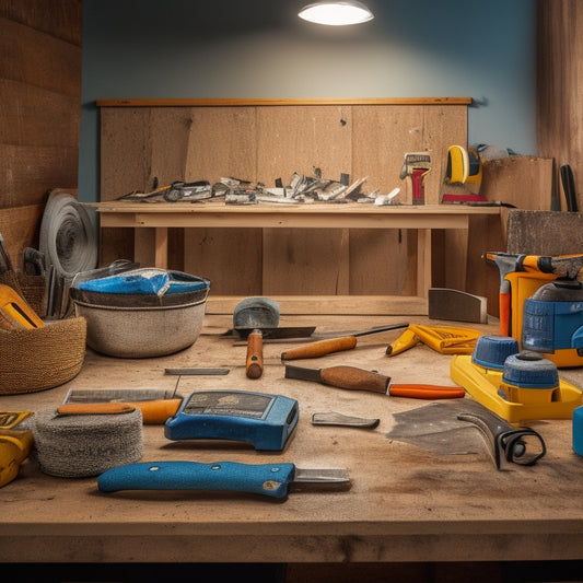 A cluttered workshop table with various drywall tools scattered around, a level, tape measure, utility knife, and drywall hammer prominently displayed, with a partially installed drywall panel in the background.