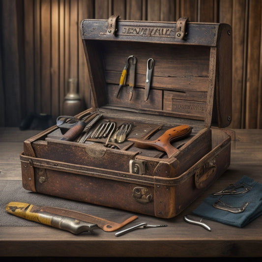 A wooden chest with a rusted metal latch, adorned with a leather strap, opens to reveal a neatly organized arrangement of small tools, including pliers, wrenches, and screwdrivers, against a warm, wooden background.