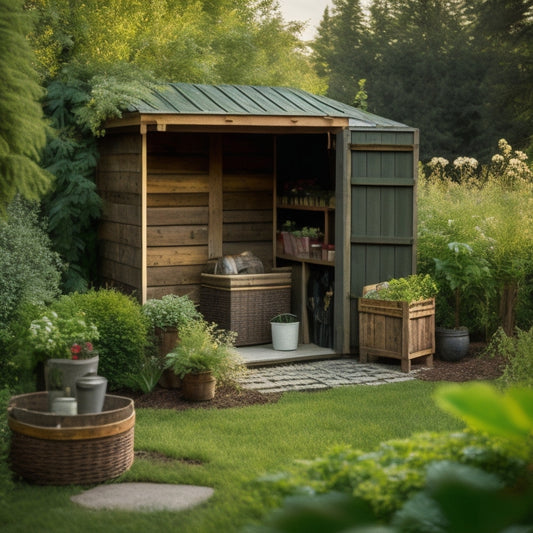 A serene backyard with a wooden shed, adorned with vines, and a repurposed pallet bench, surrounded by lush greenery, with outdoor decorations and DIY storage bins in the foreground.