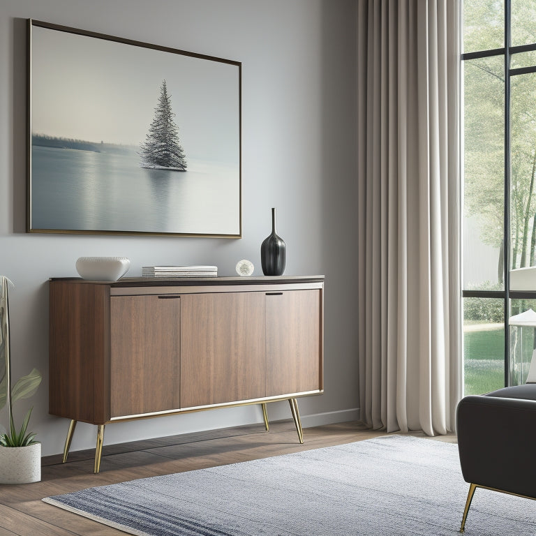 A modern, sleek living room with a wall-mounted cabinet featuring three drawers in a rich, dark wood tone, adorned with silver handles, against a crisp white background.