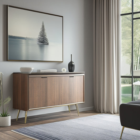 A modern, sleek living room with a wall-mounted cabinet featuring three drawers in a rich, dark wood tone, adorned with silver handles, against a crisp white background.