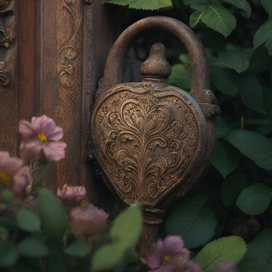 A worn, rusty key rests on a ornate, ancient lock, surrounded by intricate carvings of vines and flowers, with a subtle glow emanating from the keyhole, hinting at treasures within.