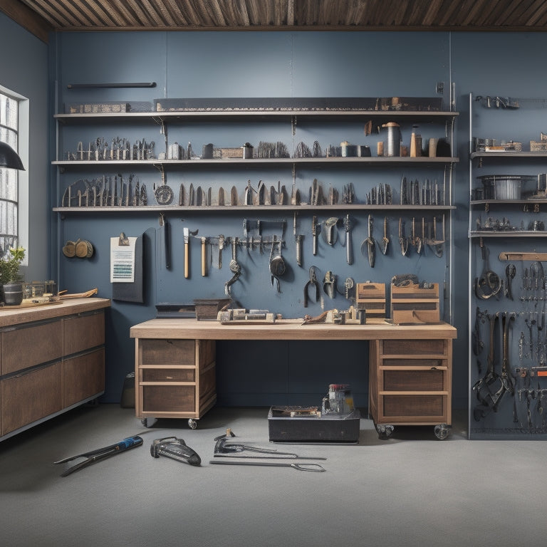 A well-organized workshop with rows of sleek, gray metal cabinets, wooden workbenches, and a pegboard covered in hung tools, with a few scattered wrenches and screwdrivers on a nearby counter.