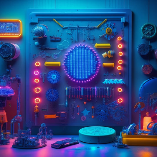 A vibrant, futuristic pegboard with glowing neon lines, surrounded by swirling clouds of colorful vectors, and adorned with eclectic objects like gears, robots, and stars, against a dark blue background.