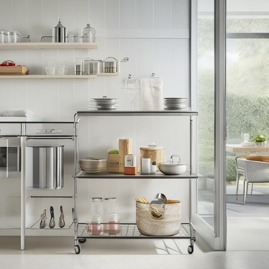 A modern, sleek, and minimalist kitchen with a chrome-finished rolling cart featuring adjustable shelves, baskets, and hooks, surrounded by utensils, cookbooks, and gourmet ingredients.