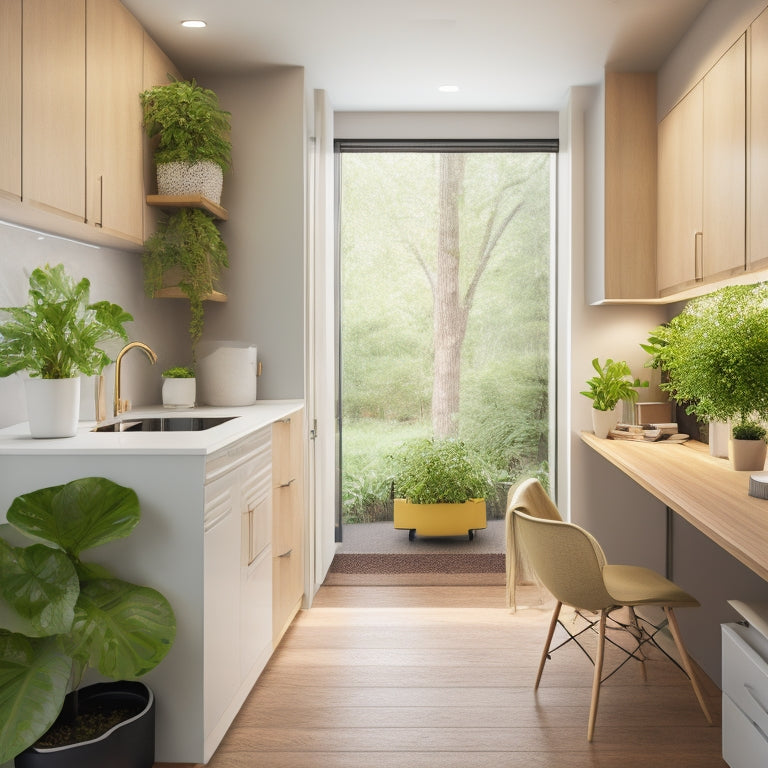 A bright, modern studio apartment with minimalist decor, featuring a sleek Murphy bed, a compact kitchenette, and a spacious desk area, surrounded by lush greenery and natural light.