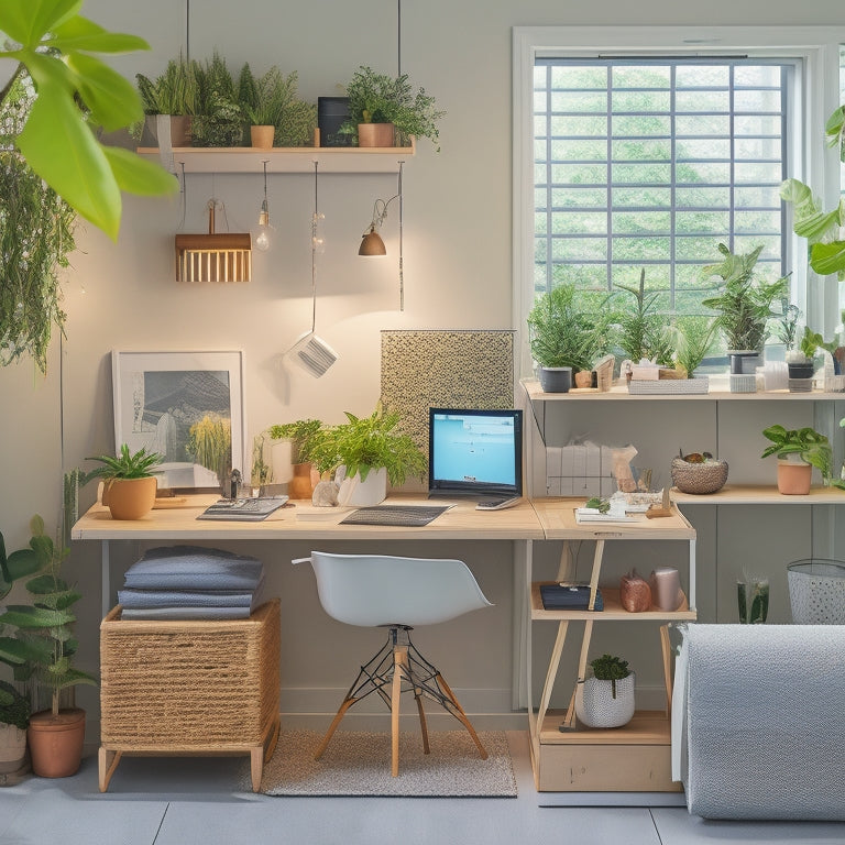 A tidy, well-lit workspace with a large, white pegboard as the backdrop, adorned with various Ikea hooks, bins, and accessories, surrounded by a few carefully placed plants and a few sleek, modern decorative items.