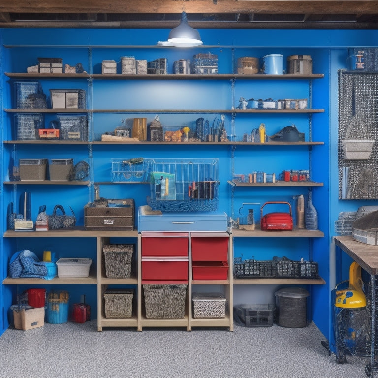 A cluttered garage with scattered tools and storage bins, transformed into an organized space with labeled shelves, bins, and a pegboard, showcasing a mix of DIY and budget-friendly storage solutions.