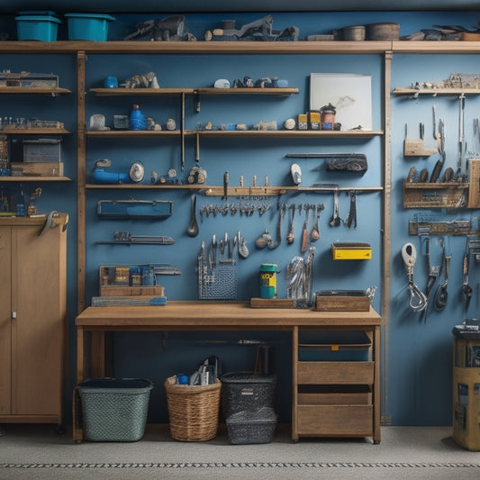 A clutter-free workshop with a pegboard on the wall, holding neatly organized tools like wrenches, pliers, and hammers, alongside labeled bins and a rolling cabinet with drawers.
