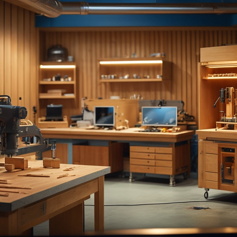 An illustration of a futuristic cabinet making workshop with sleek, high-tech drilling machines, robotic arms, and precise CNC systems, surrounded by wood shavings and half-assembled cabinetry.