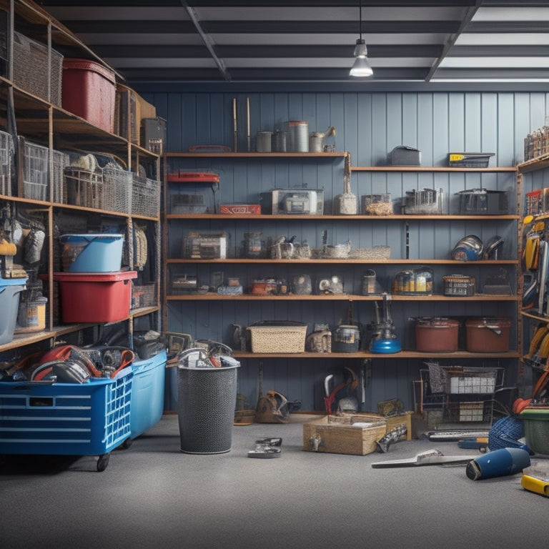 A cluttered garage with tools and storage bins scattered on the floor, transitioning to a organized space with three-tiered metal racks shelving units, holding labeled bins and neatly arranged tools.