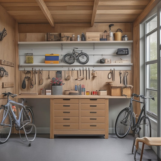 A clutter-free garage with a sturdy, wooden workbench featuring built-in cabinets, drawers, and a pegboard, surrounded by organized tools and a sleek, silver bicycle hanging from the ceiling.