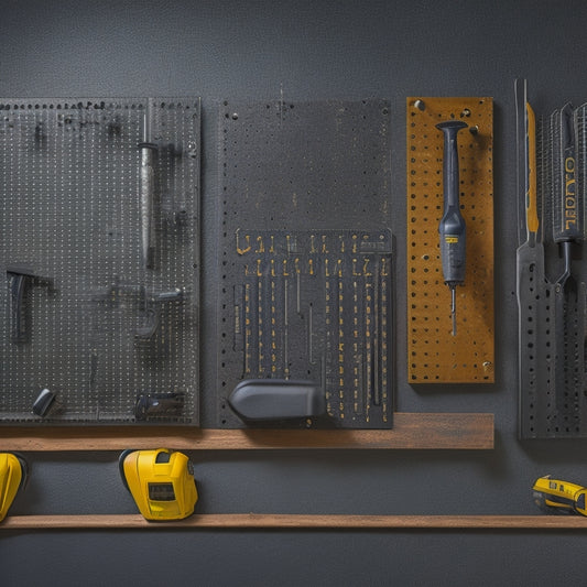 A metal pegboard with five heavy-duty hooks of varying sizes, each holding a different power tool (e.g., drill, saw, impact wrench) against a dark gray or black background.