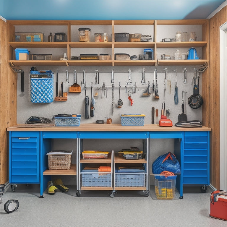 A clutter-free garage with a sturdy, L-shaped workbench featuring a vice, pegboard, and built-in cabinets, surrounded by organized tool storage bins, hooks, and a slatwall with baskets.