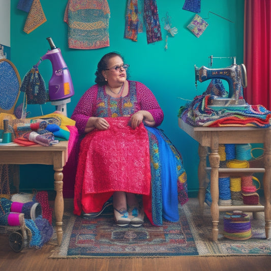 An image of a person with a disability, such as a wheelchair or prosthetic limb, confidently holding a sewing machine, surrounded by colorful fabrics, threads, and half-finished projects.