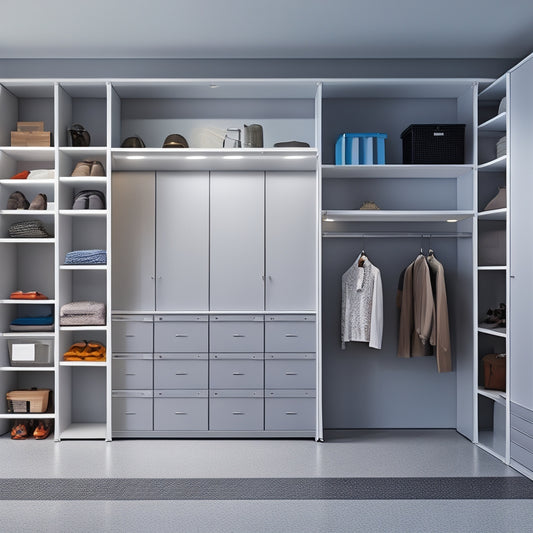 A modern garage with a sleek, modular closet system featuring adjustable shelves, hanging rods, and cabinets in a light gray and white color scheme, illuminated by soft, overhead lighting.