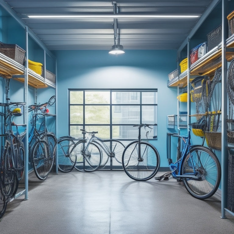 A clutter-free garage interior with multiple bicycles suspended from the ceiling using sleek, silver hooks, surrounded by organized storage bins and a few strategically placed shelves.