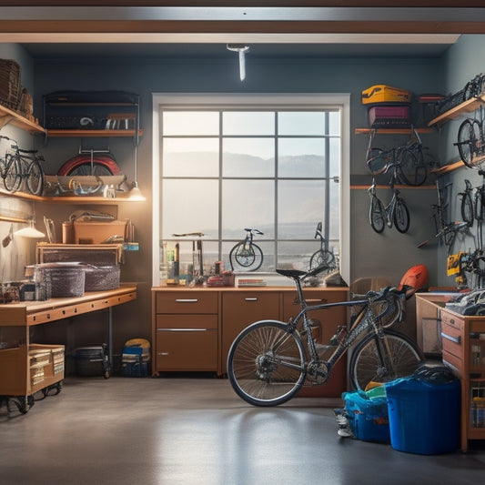 A well-organized garage with pegboards, labeled bins, and a sleek workbench, surrounded by a few strategically placed bikes, tools, and a shiny sports car, all illuminated by natural light.