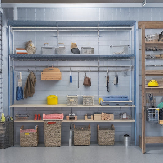 A clutter-free garage with a slatwall featuring various hooks, bins, and baskets, a installed shelving unit with labeled storage containers, and a sleek workbench with a pegboard and hanging tools.