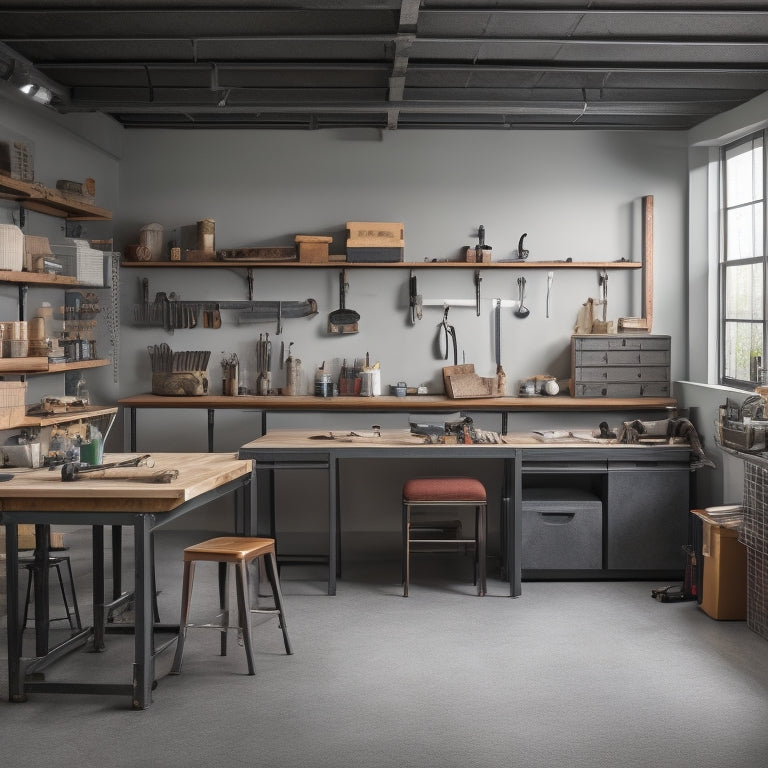 A clutter-free workshop with three space-saving workbenches, each featuring multiple tiers of shelves, organized tools, and a sleek, industrial design, set against a clean, gray background.