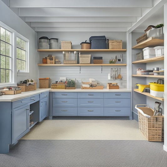 A clutter-free garage with sleek, floor-to-ceiling storage units, baskets, and bins in a soothing gray and white color scheme, with a few well-placed hooks and a neatly organized workbench.