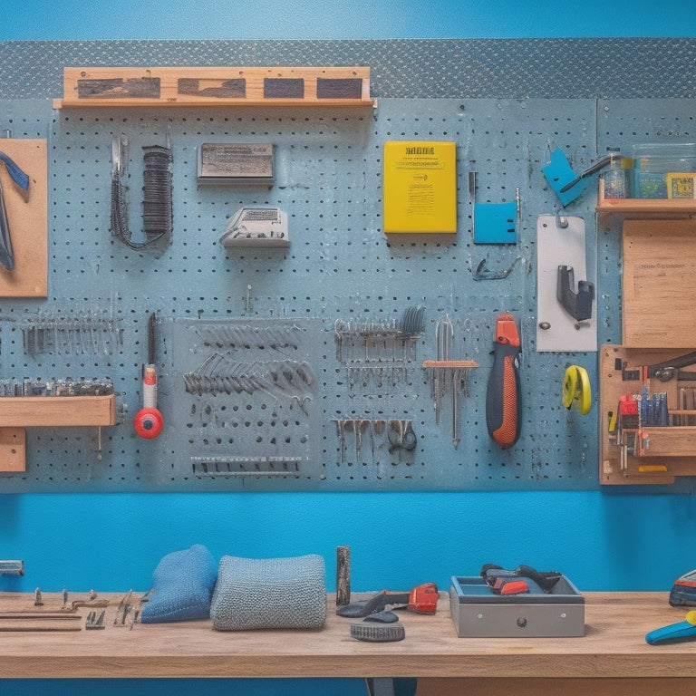 A clutter-free workshop with a freshly installed pegboard on a wall, various tools and accessories organized on hooks, and a few screws and a drill scattered on a nearby workbench.