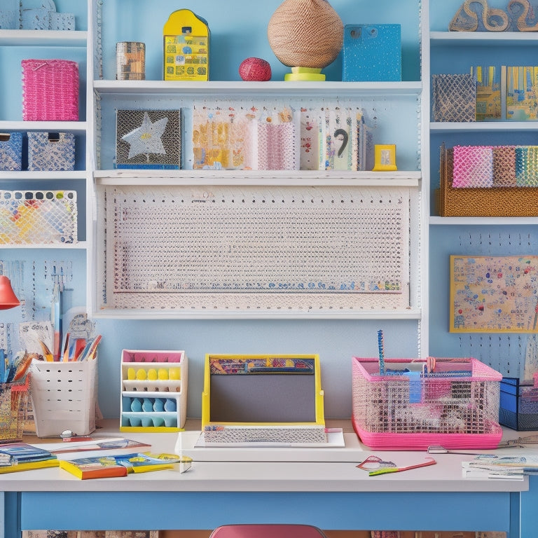 A colorful, clutter-free desk with multiple pegboards of varying sizes, adorned with assorted pegs, shapes, and educational materials, surrounded by neatly arranged baskets and a few strategically placed learning aids.