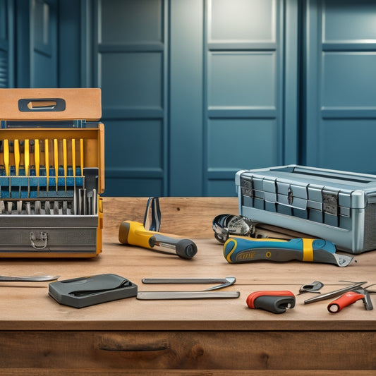 A neatly organized, stainless steel tool box with a lift-up lid, surrounded by various tools including wrenches, pliers, screwdrivers, and a tape measure, set against a clean, gray workshop background.