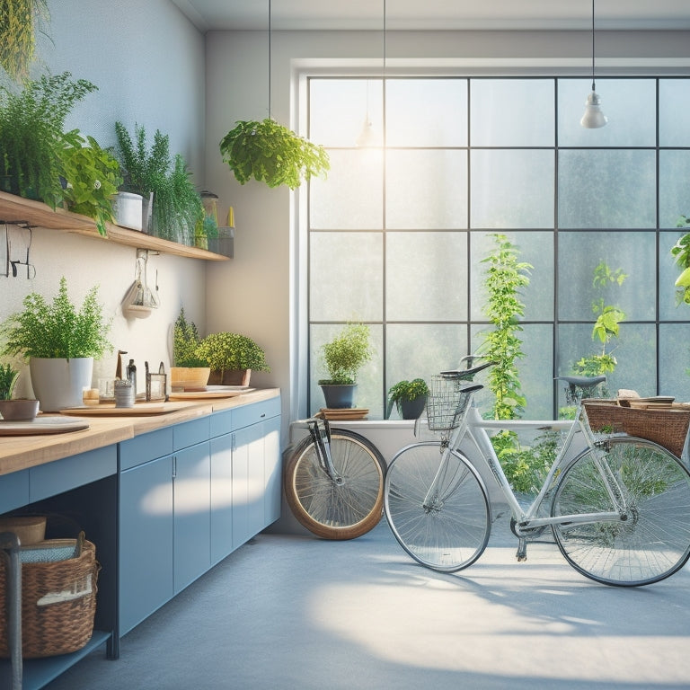 A clutter-free garage interior with sleek, white Ikea storage units, bicycles suspended from the ceiling, and a few strategically placed plants, illuminated by natural light pouring in through a large window.