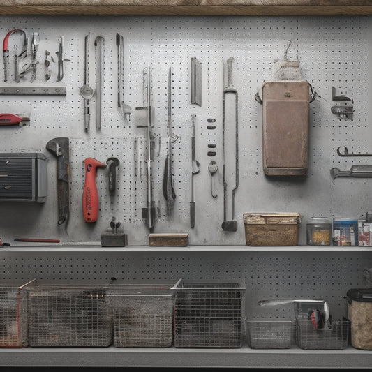 A clutter-free garage workshop with a rugged, metallic pegboard mounted on a gray concrete wall, holding various tools like wrenches, hammers, and pliers in neat, labeled rows.