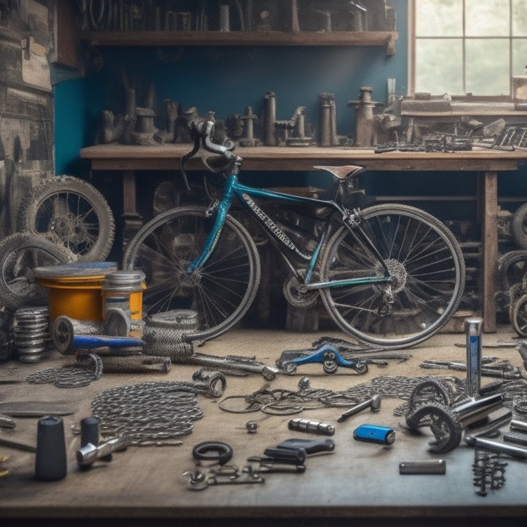 A cluttered workbench with various bicycle parts, tools, and manuals, featuring a central, gleaming, fully-assembled road bike, with a spanner and screwdriver crossed on top, surrounded by scattered bike chains and cogs.