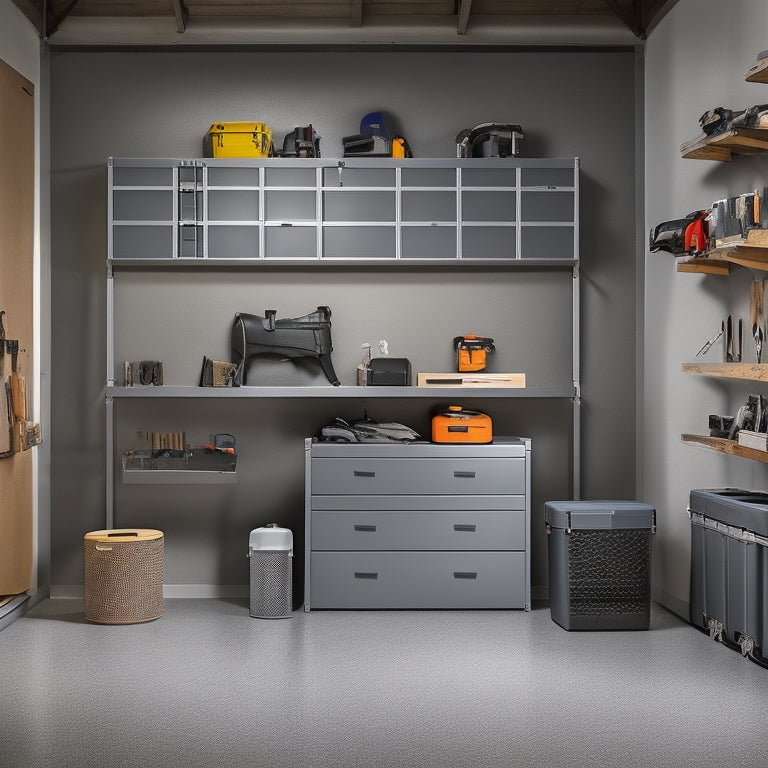 A clutter-free garage with 7 sleek, modern wall tool boxes in various sizes, mounted on a gray concrete wall, with tools and accessories neatly organized inside each box.