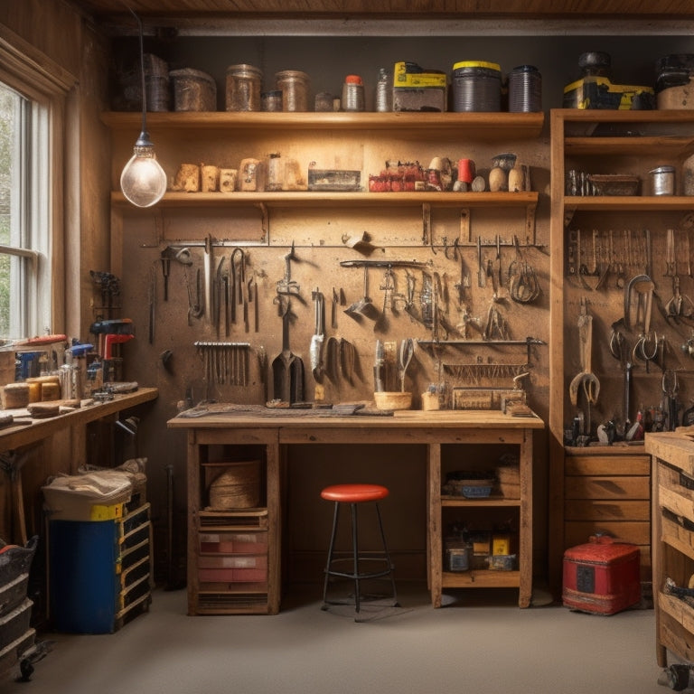 A tidy, well-lit workshop with a wooden workbench, surrounded by pegboards with neatly arranged wrenches, pliers, and screwdrivers, and a nearby shelving unit with labeled bins and baskets.