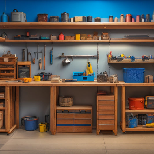 A well-organized workshop with a pegboard on the wall, labeled bins on shelves, and a toolbox with open drawers, surrounded by a tidy floor with a few scattered tools and a workbench in the background.