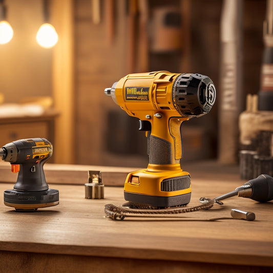 A close-up shot of Milescraft's DrillMate attached to a drill, surrounded by various DIY tools and materials, with a subtle wooden workshop background and warm, golden lighting.