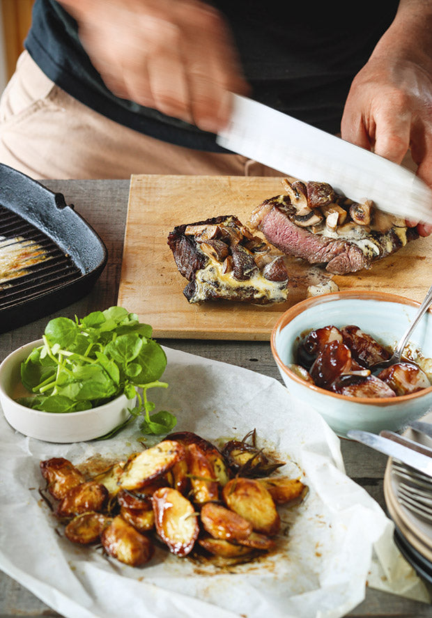 Recipe: Mushroom-Glazed Rump Steak with Shallots and Roasted Potatoes