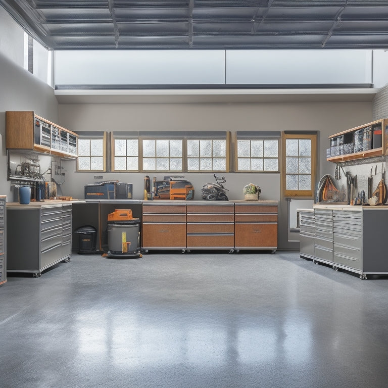 A clutter-free garage with a central workstation, surrounded by 7 sleek, metallic tool chests in various sizes, with gleaming chrome handles and intricate designs, against a light gray concrete floor.