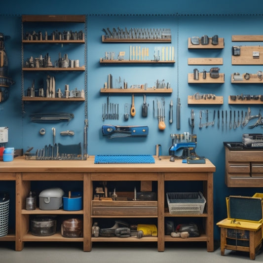 A neatly organized workshop with a pegboard displaying various tools, a compact storage cabinet with labeled drawers, and a workbench with a small parts tray and a toolbox in the corner.