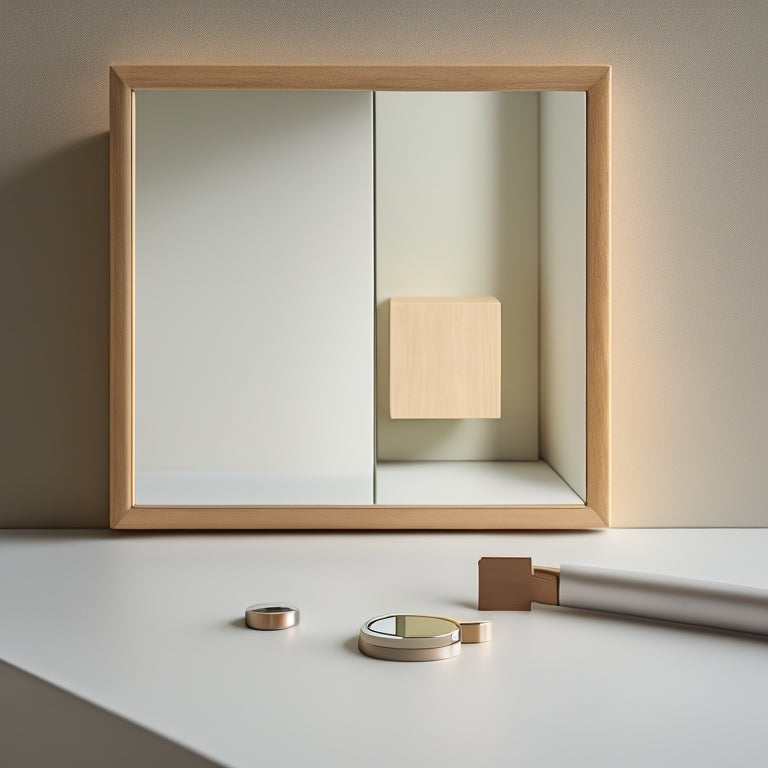 A minimalist, modern key holder with geometric wooden blocks, metallic hooks, and a small, circular mirror, set against a soft, creamy background with subtle shadows and natural light.