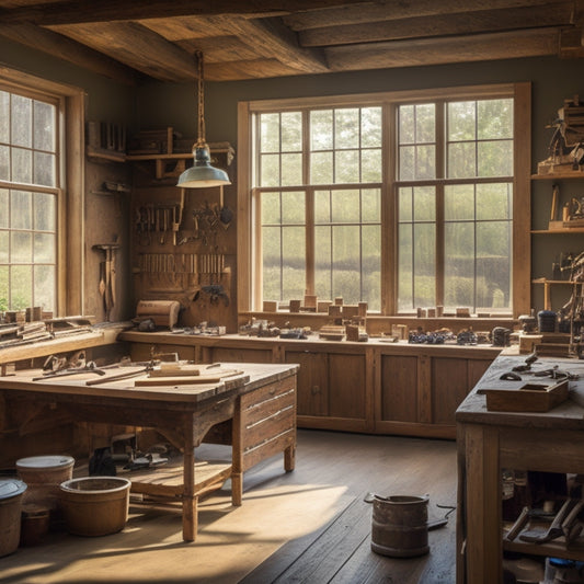 A clutter-free woodworking shop with a well-organized workbench, neatly arranged tools, and a few projects in progress, illuminated by natural light pouring in through a large window.