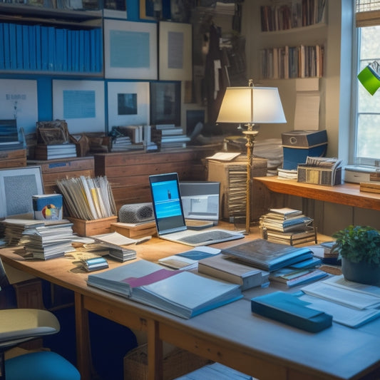 A cluttered room with overflowing shelves, piles of papers, and tangled cords, contrasted with a minimalist desk in the corner, featuring a single laptop and a few organized files.