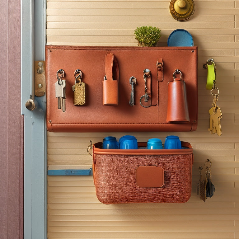 A clutter-free utility organizer with a key holder attached to the wall, surrounded by neatly hung keys, a few hooks for bags, and a small tray for coins and receipts.