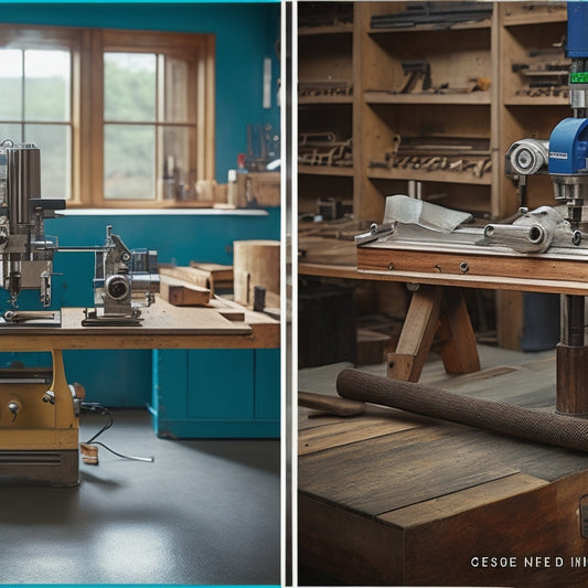 A split-screen image comparing a compact, bench-top mini lathe with a large, floor-standing lathe, both surrounded by woodworking tools and projects in a cluttered workshop setting.