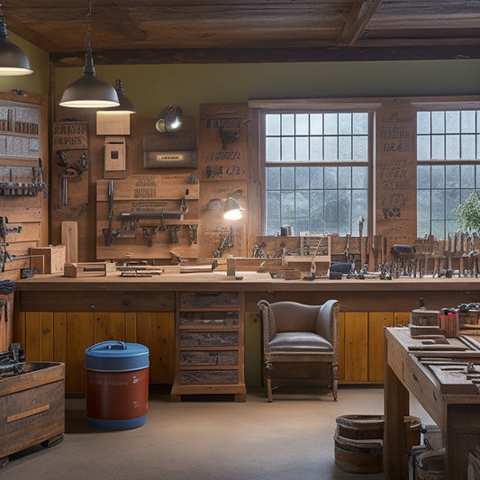 A well-lit, organized woodworking shop with a central workbench, surrounded by labeled storage bins, a pegboard with hanging tools, and a large, wall-mounted measuring tape.